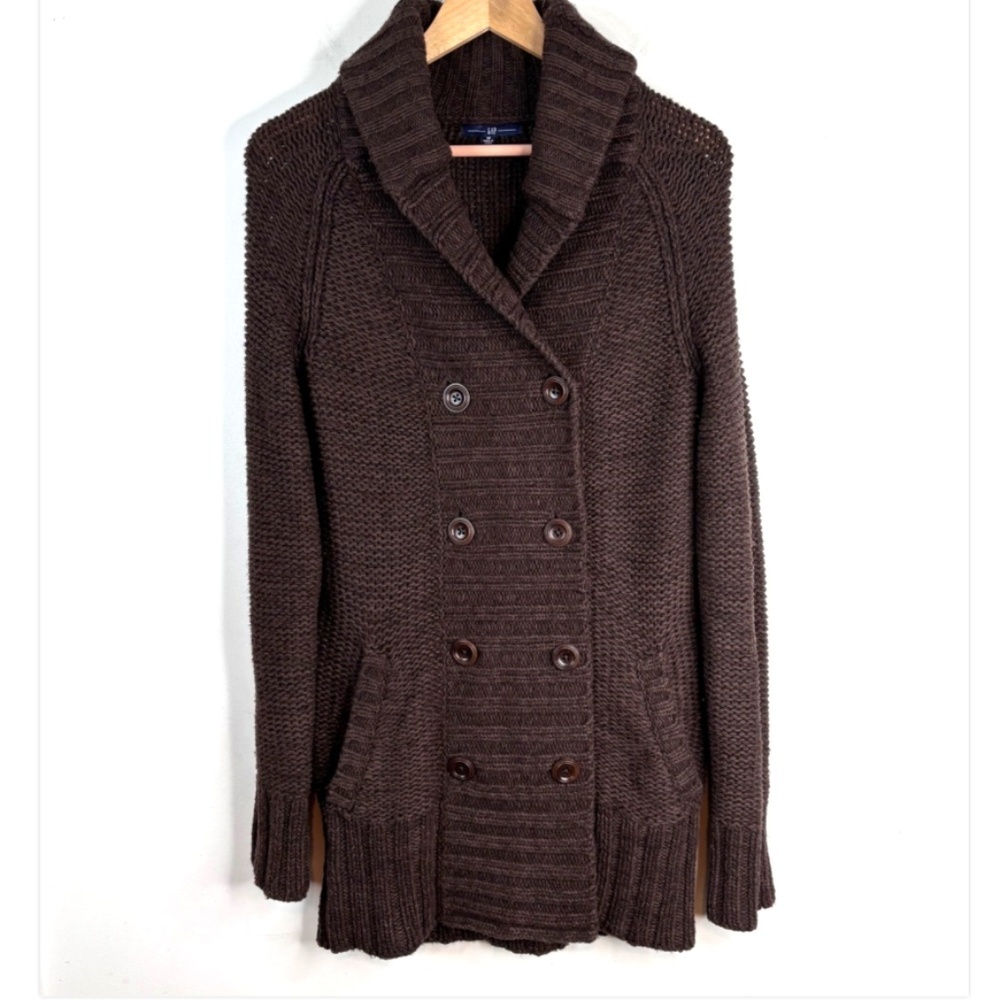 VTG Gap Chocolate Brown Wool Cardigan M Shawl Collar Long Line Pockets Fisherman